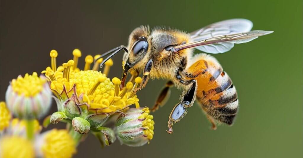 A honey bee hovering over a bright yellow flower, using its long, tube-like tongue to collect nectar.