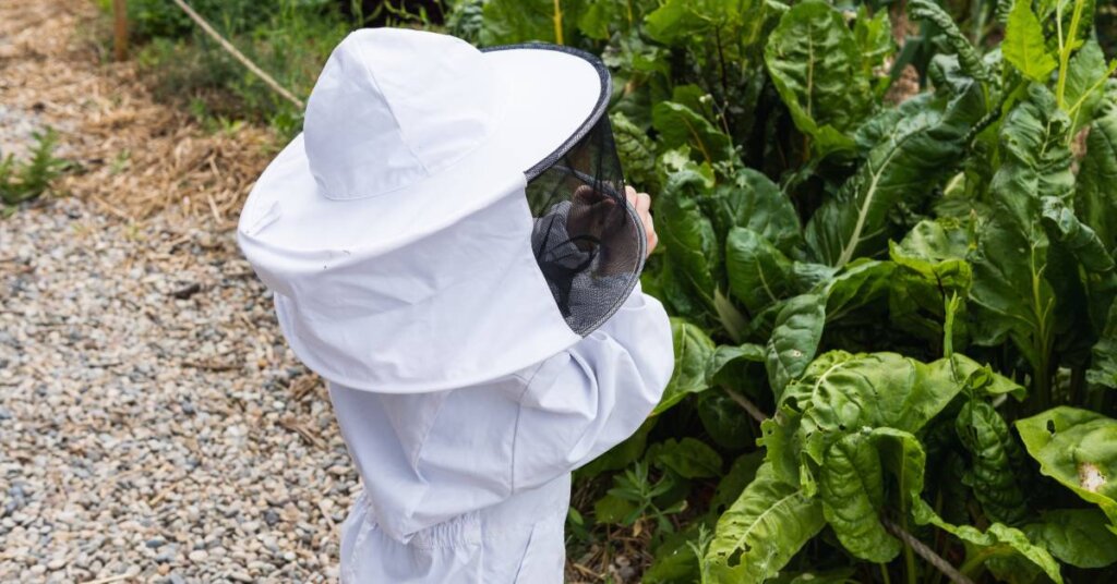 A child wearing a white beekeeping suit, hat, and veil stands next to a roped off garden, looking at the lush green plants.