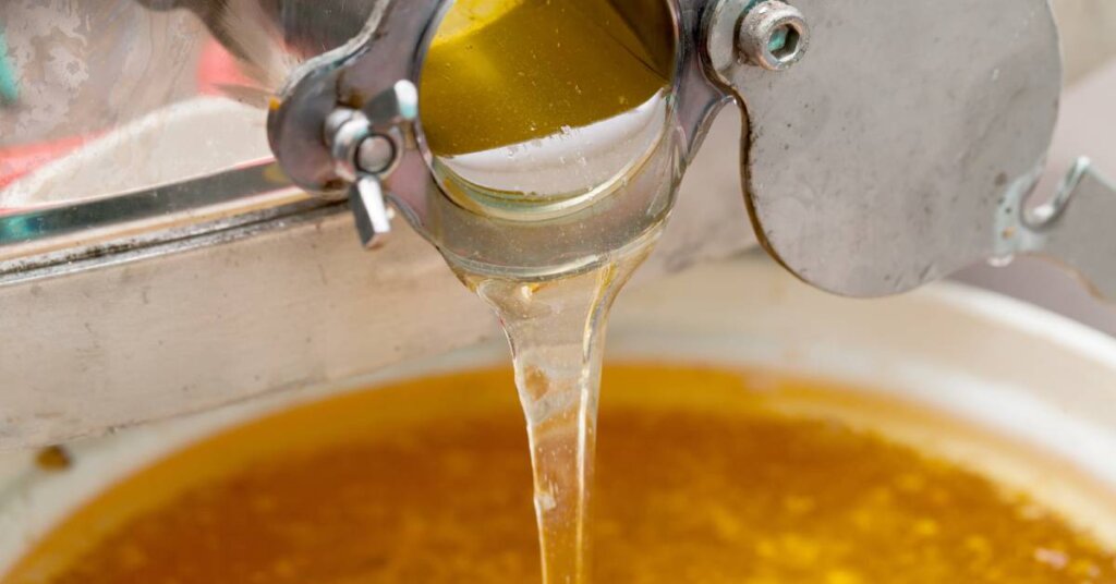 Golden honey pouring from the metal valve of a honey extractor. It is falling into a white bucket that's almost full.